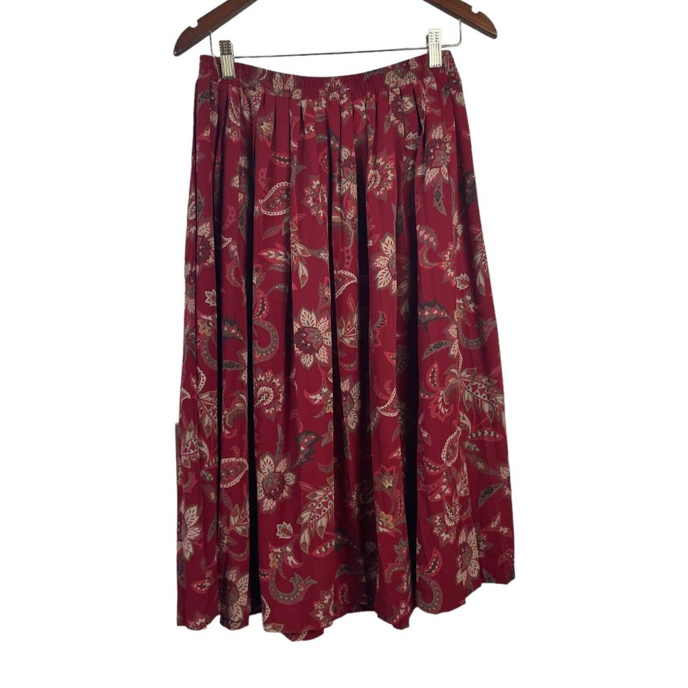 VTG Alfred Dunner Size 18 Midi Maxi Pull On Skirt Red Floral Print Pleated Boho